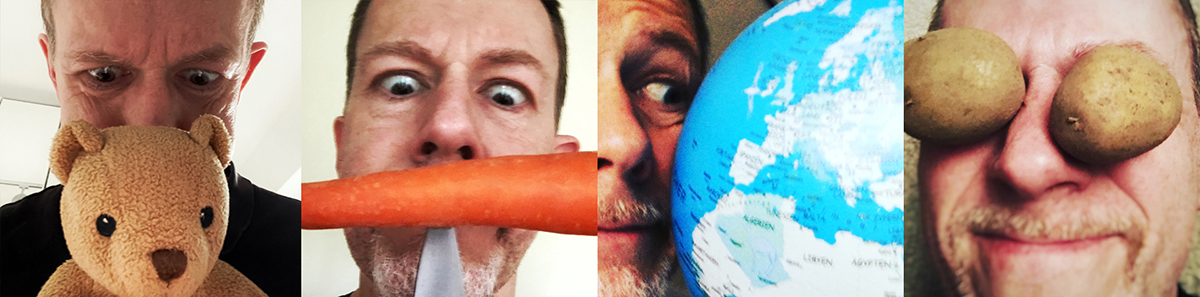 Bert von Norden mit Teddybär, Karotte, Globus und Kartoffeln