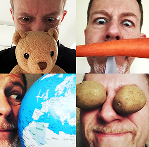 Bert von Norden mit Teddybär, Karotte, Globus und Kartoffeln