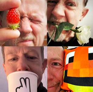 Bert von Norden mit Erdbeere, weißer Rose, Pappbecher und Mini-Paluten